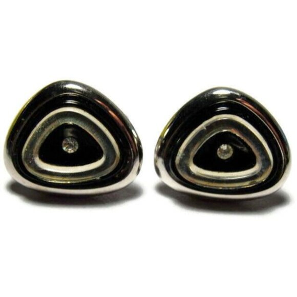 Signed Shields Triangle Black Silver Tone Cufflinks Tux Shirt Dress Suit Vintage - Picture 1 of 10